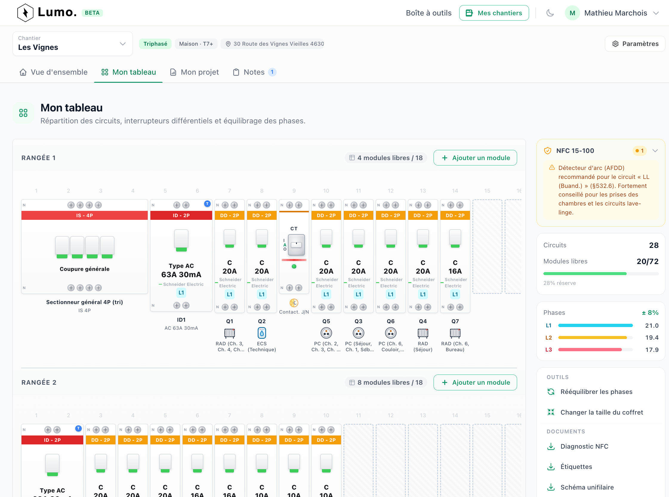 \u00c9diteur de tableau \u00e9lectrique Lumo : IDR et circuits r\u00e9partis sur les rang\u00e9es, \u00e9quilibrage triphas\u00e9